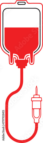 Medical illustration of a blood bag with tubing and needle for intravenous infusion of red blood cells for transfusion therapy