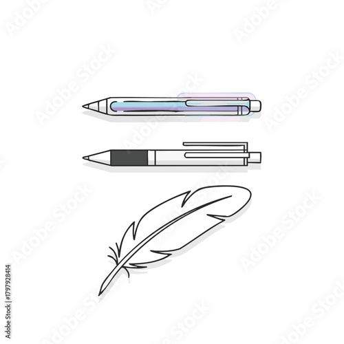 Minimalist flat vector time layered pen showing a quill feather, a modern ballpoint pen and a futuristic holographic writing stylus overlapped on a clean white background 