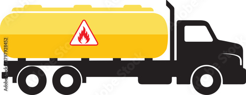 Illustration of a black silhouette of a fuel tanker truck with a bright yellow tank and a hazard symbol for flammable materials