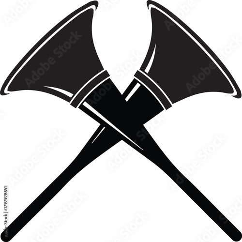 Two stylized black silhouette bugles crossed over each other creating an x shape on a white background