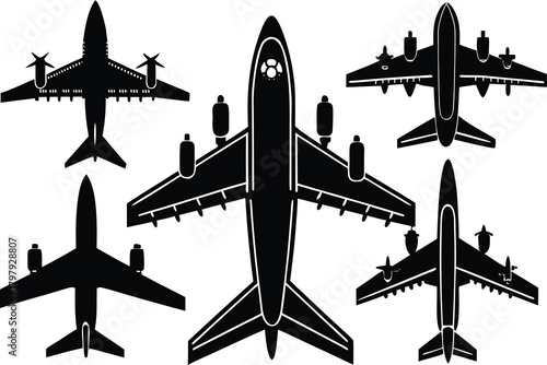 Airplane top view set silhouette isolated on white background VECTOR 
