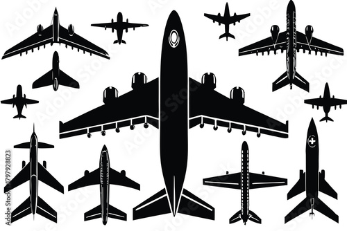 Airplane top view set silhouette isolated on white background VECTOR 