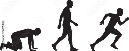 Silhouettes of human figures in different stages of movement from crawling to walking and running on a white background