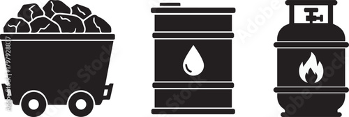 Set of three black silhouette icons representing different energy resources coal mine cart oil drum and gas cylinder on a white background