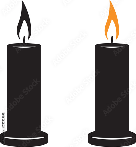 Two black pillar candles one unlit and dark the other lit with a vibrant orange flame symbolizing contrast and illumination