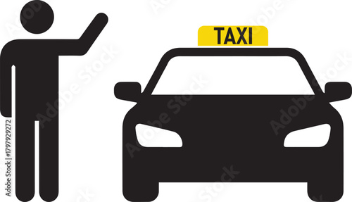 Silhouette of a person waving to hail a black taxi cab with a yellow illuminated taxi sign on its roof
