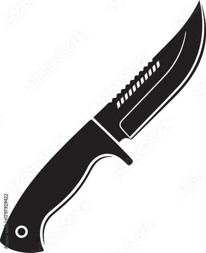 Sharp black silhouette of a robust hunting knife with a serrated edge on its blade and a sturdy handle isolated on a white background