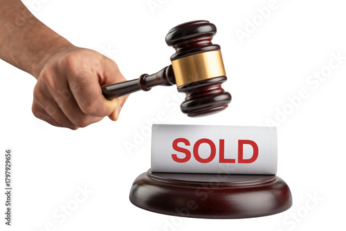 Confident hand strikes gavel announcing a final sale as 'SOLD' sign signifies successful transaction and deal closure