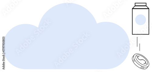 Blue cloud graphic with carton and reusable bottle. Ideal for sustainability, eco-friendly practices, recycling, green energy, minimalism, climate action, responsible consumption. Simple flat