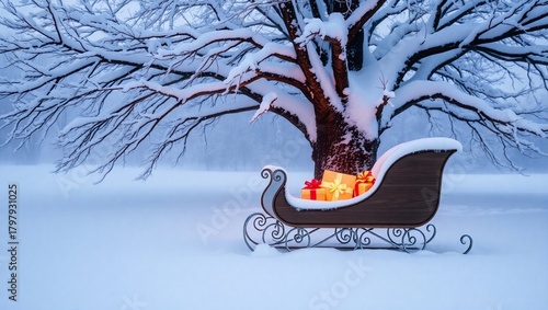 Winter Holiday Scene Sleigh with Gifts Under Snowy Tree