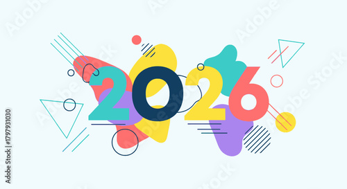 Vibrant and colorful graphic design for the year 2026 with abstract and geometric shapes.