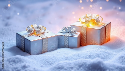 Winter Gifts Elegant Presents with Golden Ribbons in Snow