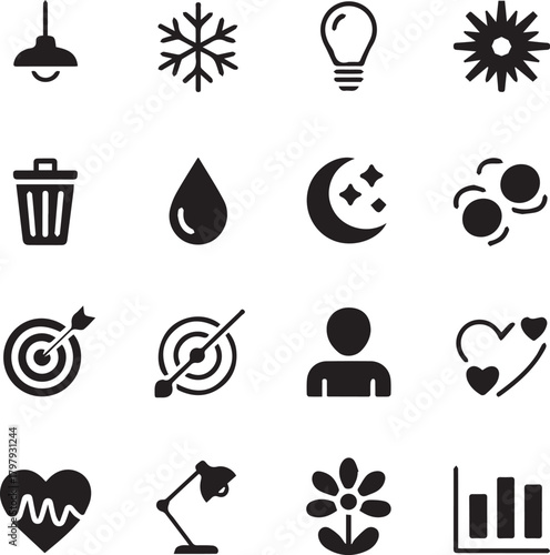 Collection of black and white icons including light bulb snowflake trash can symbol graphic