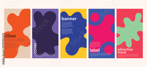 Abstract shapes and text on five poster designs graphic