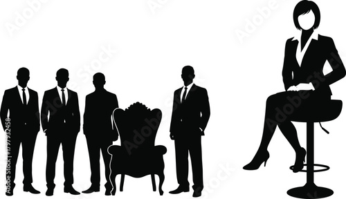 Business leadership concept with woman sitting confidently on stool and group of businessmen standing around elegant chair silhouette