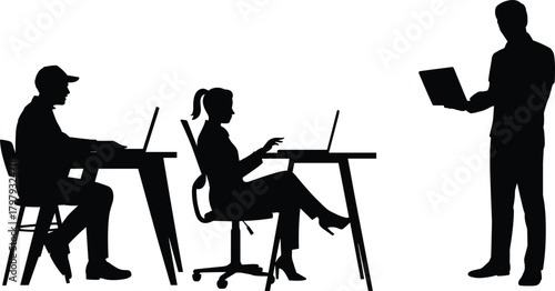 Business team silhouettes working on laptops with instructor presenting, office workspace concept, professional teamwork training illustration vector