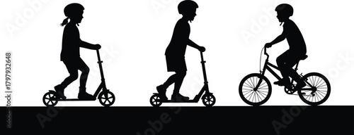 Children riding scooters and bicycle silhouette illustration, active kids outdoor play, childhood movement, healthy lifestyle graphic design