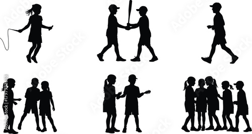Collection of active children silhouettes playing sports, jumping rope, walking and interacting, outdoor kids activity vector illustration set
