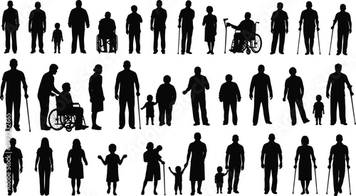 Collection of diverse family elderly child and wheelchair user silhouettes showing mobility support disability and everyday human poses