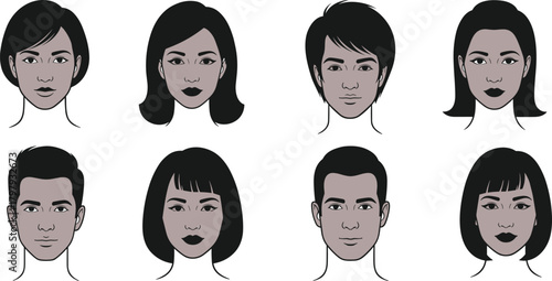 Collection of diverse illustrated male and female portrait faces showing expressions profile details for character design usage