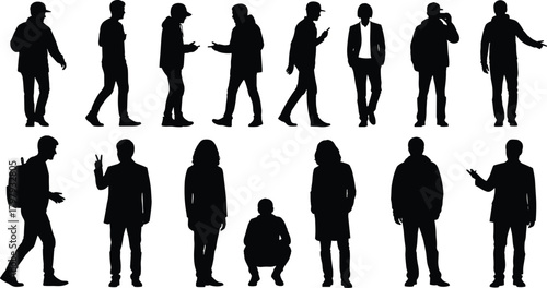 Collection of diverse standing walking and posing people silhouettes in casual clothing isolated black vector illustration set