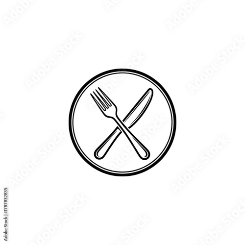 Fork and knife crossed in a circle, restaurant or food concept.