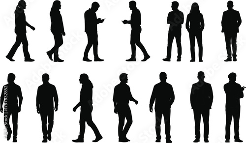 Collection of diverse walking standing and posing people silhouettes in casual clothing isolated black vector human figure set
