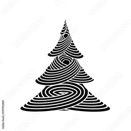 Abstract black and white Christmas tree illustration with swirling concentric lines creating a unique optical art design.