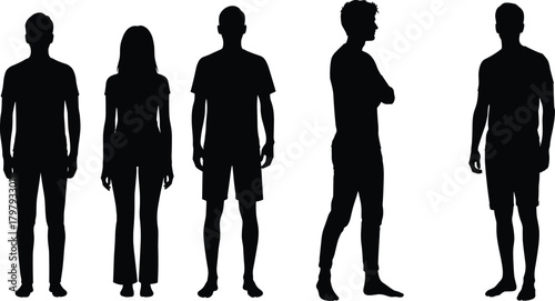 Collection of standing man and woman silhouettes in casual clothing posing side front view isolated black vector illustration set