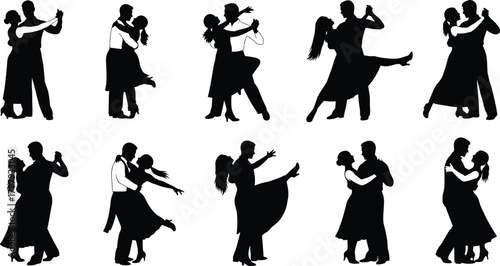 Couple dancing silhouette collection performing elegant ballroom moves, romantic poses, graceful dance steps, vector illustration set for design