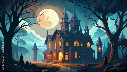 Very beautiful illustration d’un manoir gothique victorien, imposant et mystérieux, entouré d’arbres dénudés, de brume épaisse et d’une lueur lunaire dramatique éclairant ses hautes tours et fenêtres 