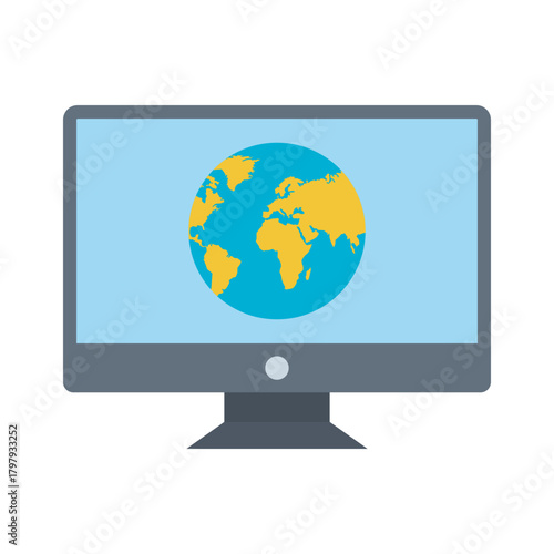 World Connected Globe on Computer Screen Illustration of Global Network Communication Internet Technology and Digital