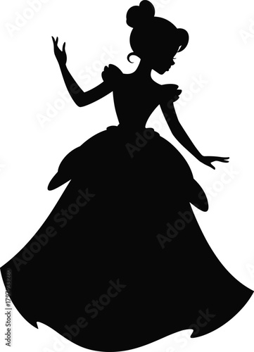Elegant princess silhouette in flowing gown, graceful pose, fairy-tale character artwork, fantasy feminine figure isolated on white background