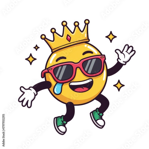 Cartoon Emoji King with Sunglasses crown happy joyful dancing character illustration yellow face smile fun funny cool style fashion