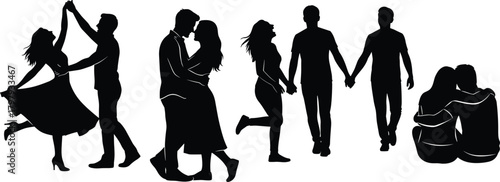 Romantic couple silhouettes dancing kissing holding hands, love relationship moments illustration for creative stock design and artwork