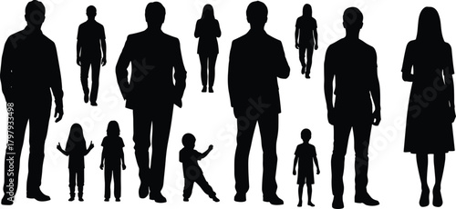 Set of diverse adult and child silhouettes walking, standing and posing in various positions, family people vector illustration collection