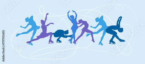 Silhouettes of female figure skaters figure skating on ice Sports poster banner Winter sports Female figures Vector illustration