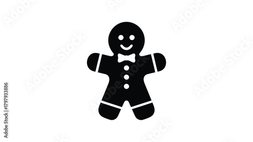 A classic black and white silhouette of a happy gingerbread man cookie with a bow tie and buttons perfect for holiday designs silhouette