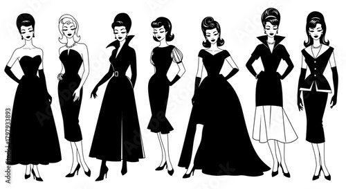 Elegant classic fashion illustration of women in black dresses.