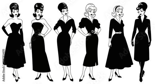 Elegant retro women in stylish black dresses fashion illustration