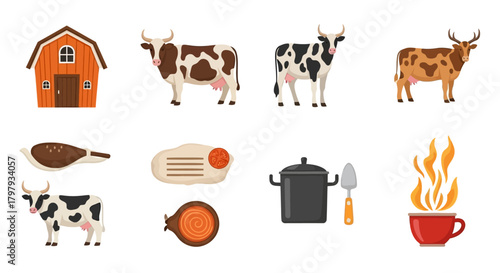 Farm livestock, barn, and food items for agricultural concepts