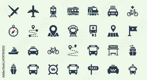 Travel and navigation icons for maps, journeys, and transport routes.