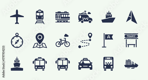 Travel and navigation icons set for journey planning and tourism