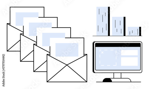 Open envelopes with papers, bar chart, and computer screen suggesting communication, data tracking, and performance. Ideal for business, emails, analytics, digital workflow productivity tech tools