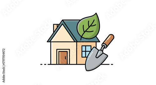 Sustainable home garden concept with house, leaf and trowel icon