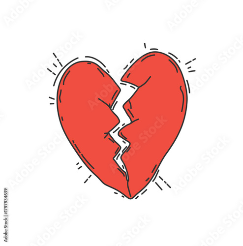 Red heart broken in two symbolizes a broken heart, separation, divorce, betrayal, sadness, sorrow, regret, parting, tragedy, and broken love. Conceptual vector illustration ondobe Illustrator Artwork