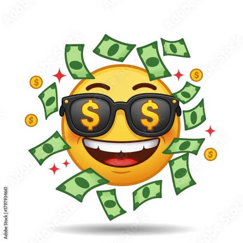 Money Face Emoji with Dollar Sign Sunglasses wealth success financial abundance rich cash coins finance investment economy currency