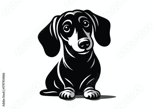 Dachshund dog with smart and affectionate look, black and white vector silhouette