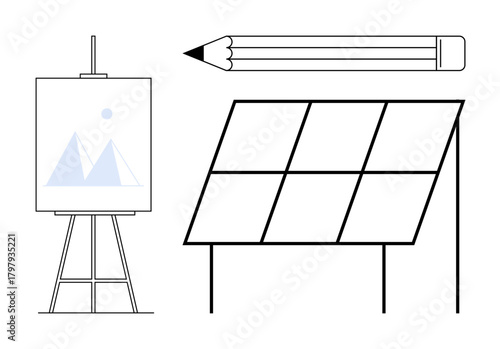 Art easel with geometric painting, large pencil, and solar panel highlighting creativity, renewable energy, and innovation. Ideal for sustainability, education, art, design innovation energy