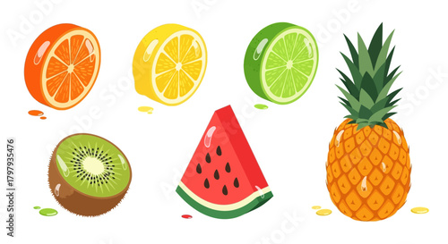 Fresh tropical and citrus fruit collection with juicy slices and whole pineapple